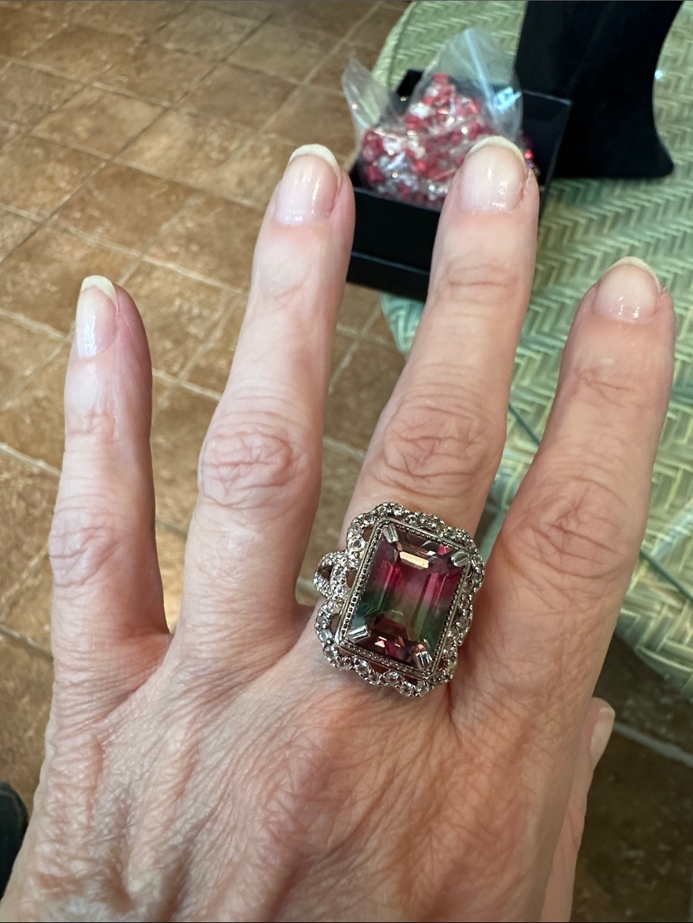 Sterling Silver Cocktail Ring with Pink and Green Watermelon Tourmaline